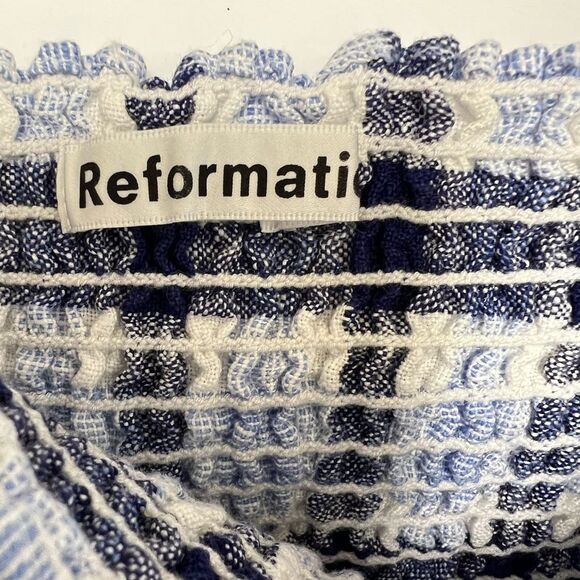 Reformation Marabella Linen Midi Dress Puff Sleeve Gingham Checkered Blue Size M - Picture 8 of 9